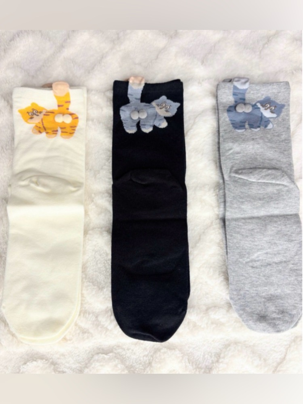 Men's Cute Cat Crew Socks - White, Black, Gray